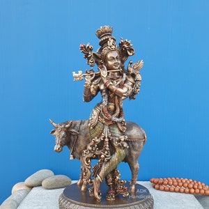 Krishna Statue, 10.5&quot; Bonded Bronze Cow Krishna idol, Lord Krishna with Cow Sculpture, Gopal Krishna Murti,Hare Krishna God Of Love Figurine