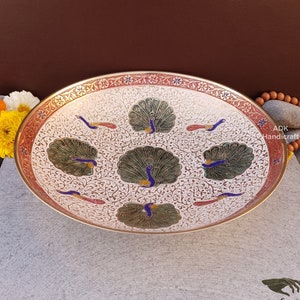 Brass Fruit bowl 9&quot; Inch, Handcrafted Brass Center Table Decor Tray With Miniature Art, Colorful Decorative Brass Bowl for Table Centerpiece