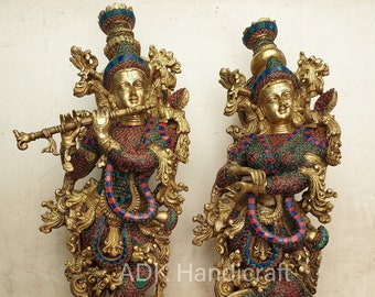 21インチの真鍮製ラーダー・クリシュナ像：ヒンドゥー教の神聖な