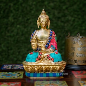 Brass Buddha Statue, 7&quot; Inches Medicine Buddha idol, Earth Shakyamuni Buddh Statue, Siddharth Gautam, Buddhist Temple Altar Meditation Decor