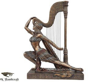 Egyptische danseres met harp, 10" inch Egypte Home Decor standbeeld figuur beeldhouwkunst, gebonden bronzen muzikant Egyptisch, harp, uniek, handgemaakt, cadeau.