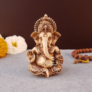 Lord Ganesha Statue, 3.2&quot; Inch Ganesh Ivory Look Antique Finish Dust Marble Lord Ganesh Idol, Ganpati, Vinayaka,Elephant,Hindu God,Good Luck