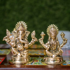 Brass Lakshmi Ganesh Statue, 4&quot; Inch Lord Ganesha Statue, Goddess Lakshmi Statue, Laxmi Ganesh Idol, Lakshmi Ganesha,Hindu gods of good luck