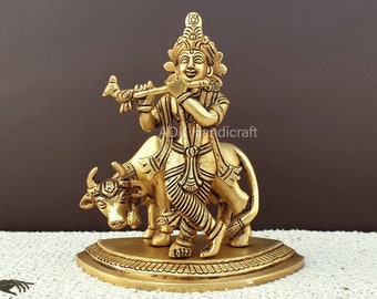 Krishna Statue in Brass, 5.5" Inch Big Lord Krishna Idol, Brass Krishna With Cow, Holy Cow Krishna Murti, Krishna Bhagwan, Indian God,Vishnu
