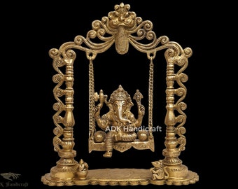Brass Large Ganesha Statue on Swing, 15" Inch Brass Ganesh Idol Jhoola, Big Swinging Lord Ganesha Idol, Jhula Ganesh Murti Home Mandir Decor