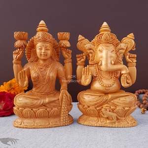Lakshmi Ganesha Statue- 6&quot; Inch Laxmi Ganesha idols, Wooden HandCarved Ganesh Lakshmi Figurine, Ganesha Lakshmi murti, Hindu Good Luck gods