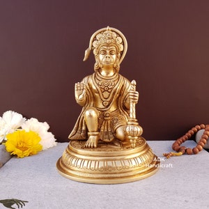 Lord Hanuman Statue- 7” Inch Brass Fine Hanuman idol, Bajrangbali, Monkey god, Ram bhakt, Hindu god of Strength, Celibacy, Bhakti, Victory