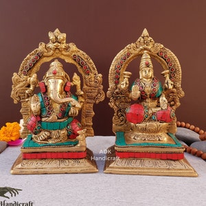 Lakshmi Ganesh Statue-6.8&quot; Inch Brass Lakshmi Ganesha Statues,Ganesh Laxmi Sculpture,Ganesha Laxmi Figurine,Hindu Gods Saraswati Murti Set