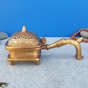 Brass Incense Burner Holder, 6&quot; Inch, Fine Engraved Burner lamp, Brass Dhoop Dani, Incense Holder, Puja Dhoopdani Prayer Lamp Temple Diya