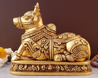 Brass Nandi Cow Statue, 7.5" Inches Gatekeeper of Shiva Parvati, God Nandi Statue, Bull God, Sacred Bull, Sitting Nandi, Shiv Sevak, Cow God