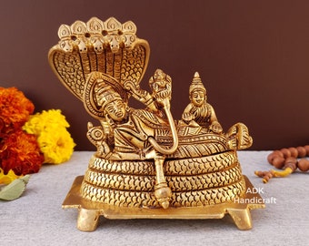 Brass Lord Vishnu Laxmi Statue- 5" Inch Padmanabha Swami Idol, Lakshmi Narayan Statue on Sheshnag, Padmanabhaswamy, Vishnu Narayan Sculpture