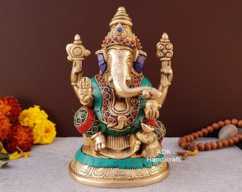 Brass Ganesha Statue- 6" Inch Lord Ganesha idol, Ganesh Statue, Ganesha Sclupture, Ganpati Vinayaka Murti, Elephant God, God Of Good Luck