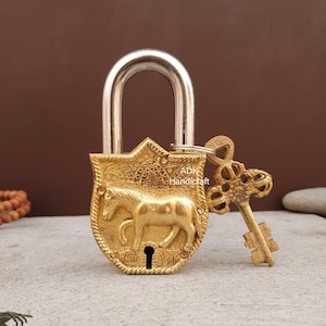 Brass Horse Design PadLock, Indian HandCrafted Functional Working Key Lock, Hardware Accessories Antique Locks Unique Home Decor Brass Locks