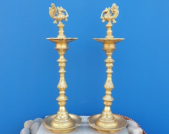 16" Inch Big Brass Traditional Diya Set, Brass diya Stand Pair, Peacock Diya, Annapakshi five oil wick lamps, Kuthu Vilakku,Brass Tall Diyas
