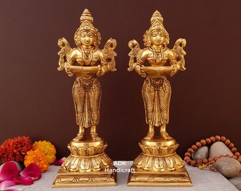 Brass Diya Set- 9" Inches, Brass Deep Laxmi Lakshmi, Oil Lamp Deep Lakshmi, Diya For Home Temple Altar Kamakshi Diya, lakshmi Dia laxmi idol