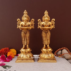 Brass Diya Set- 9&quot; Inches, Brass Deep Laxmi Lakshmi, Oil Lamp Deep Lakshmi, Diya For Home Temple Altar Kamakshi Diya, lakshmi Dia laxmi idol