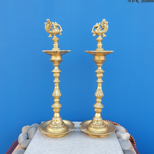 16" Inch Big Brass Traditional Diya Set, Brass diya Stand Pair, Peacock Diya, Annapakshi five oil wick lamps, Kuthu Vilakku,Brass Tall Diyas