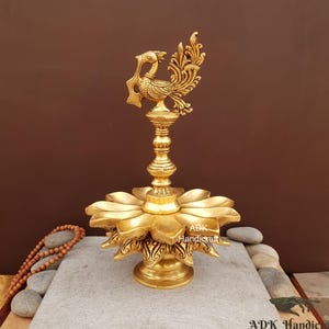 13" Brass Peacock Lamp with Lotus Petal Diyas in Brass Diya Lamp, Annam Pakshi Home Temple Diya Decor, Indian Design Oil Wick Lamp, Dia Gift
