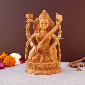 Saraswati Statue, Sarasvati Idol, 6.8&quot; Inches Wooden Sarasvati Statue, Goddess Saraswathi God Idol, Hindu Goddess of Arts, Music, Knowledge