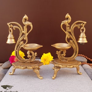 Brass Diya With Bell- 8" Inch, Brass Oil Lamp for Home Temple, Traditional Indian Oil Lamps, Decorative Handcrafted Diyas, Oil Wick Deepak