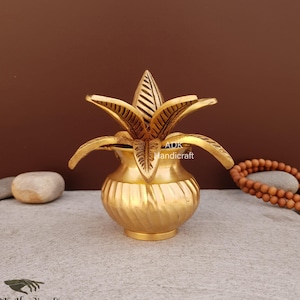 Brass Mangal Kalash with Coconut, 5&quot; inch Kalash for Pooja Home Temple, House warming Decor Gift, Brass Pooja Kalash Lota Puja Articles