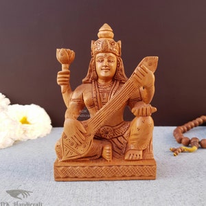 Saraswati Statue, Sarasvati idol- 5&quot; Inch Wooden Goddess Saraswati Statue, Saraswathi God Sculpture, Hindu Goddess of Arts, Music, Knowledge