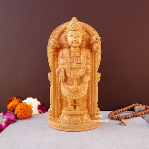 Tirupati Balaji Idol, 8&quot; Inch Wooden Fine Hand-Carved Tirupati Balaji, Lord Balaji, Venkateswara, Lord Vyankatesh, Venkata Srinivasa Statue