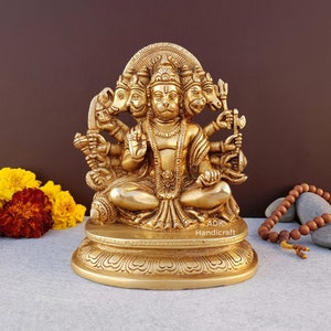 Estátua de latão Panchmukhi Hanuman, 6,5" Polegadas Lord Hanuman Idol, Ramabhakta, Macaco Hindu deus da Devoção, Força, Celibato, Bhakti, Hanumana