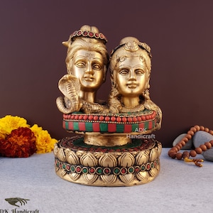 Shiv Parvati Statue Brass, 6.5&quot; Inch, Lord Shiva Statue, Shiva Parwati Head Idol, Goddess Parvati, Shiv Family Statue, Mahadeva Statue, Gift