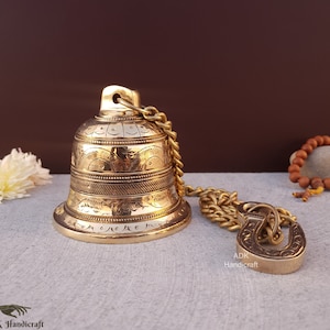 Brass Hanging Bell with Chain, 21.5 Inch" long Chain for Home Temple, Door, Hallway, Porch Or Balcony, Unique Brass Bell, Ghanti Home Decor