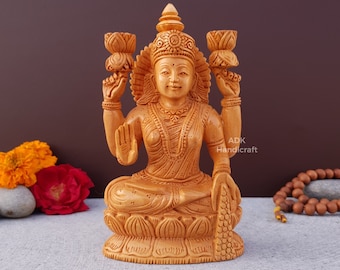 Laxmi Statue, Lakshmi Statue- 6" Inch Wooden Goddess Lakshmi idol, HandCarved Laxmi Hindu Goddess of Wealth, abundance, fortune, prosperity