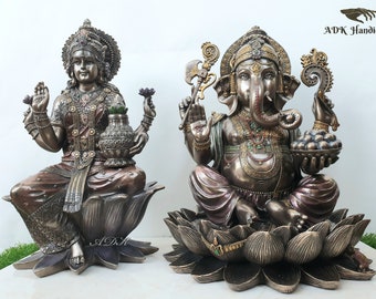 Lakshmi Ganesh Statues, 31 CM Bonded Bronze Ganesha Lakshmi Sculpture, Laxmi Ganesha Figurine, Hindu Gods of Good Luck, Diwali gifts Idols