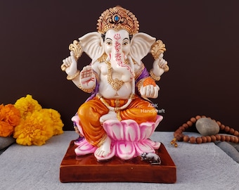 Ganesha Statue, 7" Inch Hand Painted Cultured Marble Lord Ganesh Idol, Vinayaka, Elephant Headed Hindu God of good luck/ new beginnings Gift