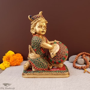 Brass Bal Gopal Krishna Statue- 7&quot; Inch Baby Lord Krisna in Brass, Baal Krishna, Makhan Chor Krishna Murty, Butter Thief Krishna Idol, Laddu