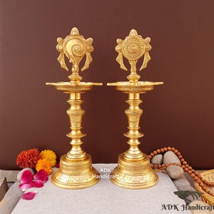 Brass Shankh Chakra Diya Set- 12" Inch, Home Temple Diya, Oil Lamp, Brass Oil Wick Dia, Altar Decor, Brass Deepak, Brass Vishnu Lamps, Diyas