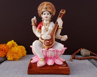 Estatua de Saraswati, ídolo de Sarasvati- 7 "pulgadas pintada a mano Diosa de mármol culto Saraswati Maa Escultura, Diosa hindú de las artes, Música, Conocimiento