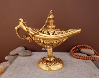 Brass Aladdin lamp, 8" Inch Big Vintage solid brass Handmade Aladdin Magic Lamp, Handcrafted Aladdin Lamp Chirag Aladdin oil Lamp Home Decor