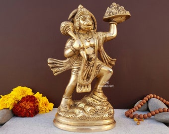 Messing Hanuman Statue, 8,5 "Zoll, Lord Hanuman mit Sanjivani Berg, Hanuman Idol, Messing, Hanuman ji Murti, BajrangBali, indischer Gott, Geschenke