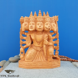 Wooden Panchmukhi Hanuman Statue, 9&quot; Inch Lord Hanuman Idol, Fine Hand Carved wood Hanuman Sculpture, Lord Hanuman Murti, 5 Face Monkey God