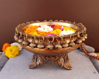 Brass Urli bowl With Bells 7.5" Inch, Antique Bronze Finish Traditional ghungroo vessel Urli, Floating Candle flower Urli bowl stand Decor