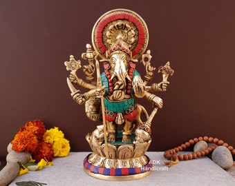 Estatua de latón del Señor Ganesha- Ídolo Drishti Ganesha de 9 pulgadas, Estatua de Ganesh, León Ganesha, Ganpati Vinayaka Murti, Dios elefante, Dios de la buena suerte