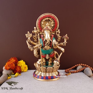 Brass Lord Ganesha Statue- 9&quot; Inch Drishti Ganesha idol, Ganesh Statue, Lion Ganesha, Ganpati Vinayaka Murti, Elephant God, God Of Good Luck