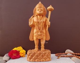 Lord Hanuman Statue, 10.5" Inch Wooden Hanuman Idol Standing, Ramabhakta, Hindu Monkey god of Devotion, Strength, Celibacy, Bhakti, Hanumana