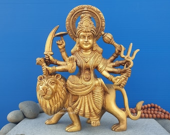 真鍮製ドゥルガー像、9インチのライオン像に座る女神ドゥルガー