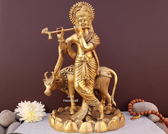 Messing Krishna Statue, 10,5 "Zoll Kuh Krishna, Lord Krishna Idol, Krishna mit Kuh, Kuh Krishna Murti, Krishna Bhagwan, indischer Gott, Vishnu ji