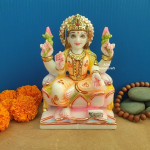 Laxmi Statue- 6&quot; Inches Marble Goddess Lakshmi Maa Idol, Sitting Lakshmi Murti, Hindu Goddess of Wealth, abundance, fortune, & prosperity