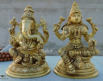 Lakshmi Ganesha Statue, Brass Goddess Lakshmi Statue, Lord Ganesha Statue, Laxmi Ganesh Idol, Lakshmi Ganesha Figure, Diwali Gift, 13.5CM