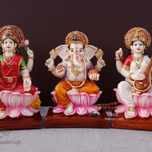 Lakshmi Ganesh Saraswati Statue, Hand Painted Cultured Marble Laxmi Ganesh Saraswati Idol for Diwali Puja, Hindu God Statues for Home Temple