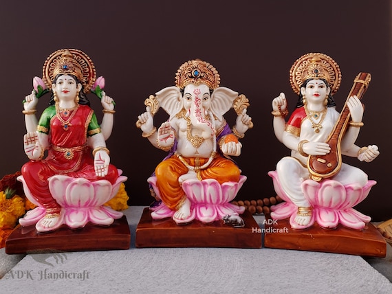 Lakshmi Ganesh Saraswati Statue, Hand Painted Cultured Marble