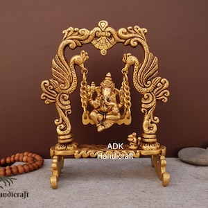 Brass Swinging Ganesha Statue 7.5&quot; Inch Small Size Brass Ganesh Statue on Swing, Brass Swinging Lord Ganesha Brass Jhula Ganesha Decor Gifts